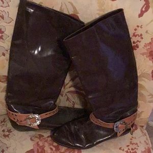 Retro brown patent leather boots, size 10.